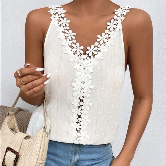 Swiss dot lace appliqué top